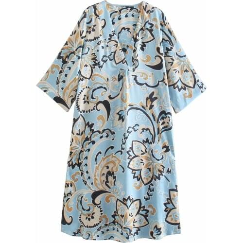Za New Women Retro Splicing Printing Dress Half Sleeve V Neck Loose Long Length Dress Female Holiday Long Dess