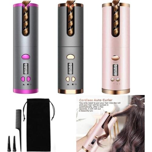 Cordless Automatic Rotating Hair Curler USB Rechargeable Curling Iron LED Display Temperature Adjustable styling tool