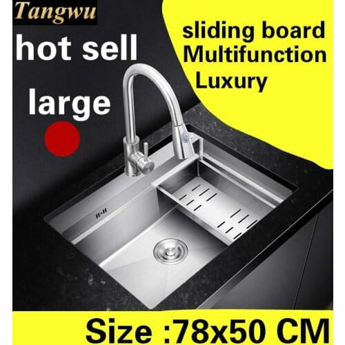 Free shipping Apartment kitchen manual sink single trough sliding board 304 stainless steel luxury hot sell large 78x50 CM