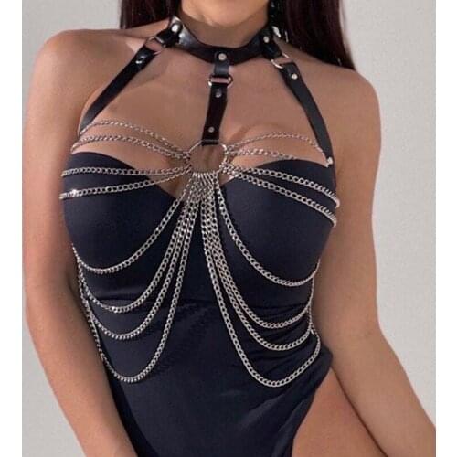 TRODEAM Sexy Lingerie Women Chain Belts Chest Harness Leather Body Bondage Gothic Bra Cage Harajuku Suspenders Waist Belt Garter