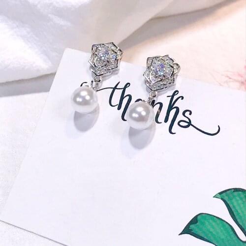Whole Real 100% 925 Sterling Silver Drop Earring Ear Hook Pearl Lasting Shiny Camellia Flower Retro Style Exquisite Jewelry
