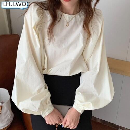 Puff Sleeve Tops Blusas Cotton Blends Hot Sales Women O Neck Casual Solid White Cute Girls Retro Vintage Chic Korea Blouses