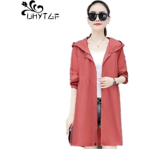 UHYTGF Womens Summer Jacket Mid-Length Hooded Breathable Thin Sun Protection Clothing Solid Wild Outdoor 5XL Plus Size Coat 1629