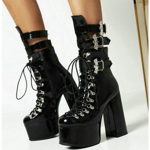 2021 Women Ankle Boots Platform Square High Heel Ladies Motorcycle Boots Patent PU Leather Buckle Women Lace Up Boots Black