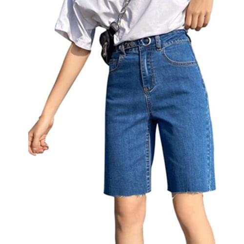 2021 New High Waist Jeans Shorts Womens Blue Knee Length Long Shorts Ladies Summer Casual Denim Bermuda Shorts Femme