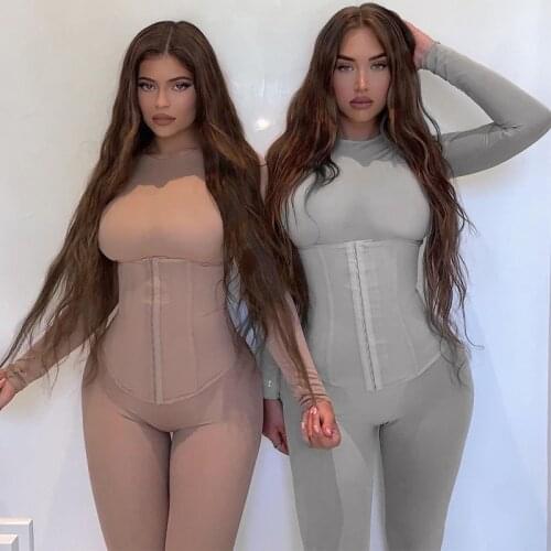 2 Pieces Suit Set Womens Solid Color Round Collar Long Sleeve Stretch Jumpsuit with Body Shaped Corset Trendy Streetwear