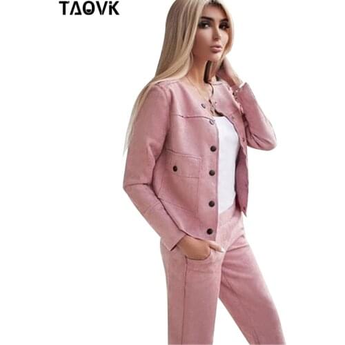 TAOVK Women Tracksuit Single-breasted Collarless Jacket + Pants Two Piece Set Female Streetwear Suits