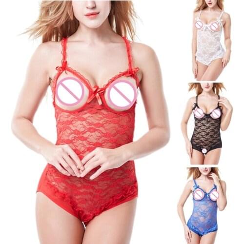 Women Sexy See-Through Floral Lace Bodysuit Erotic Cutout Open Cup Crotchless One-Piece Lingerie Babydoll Nightwear