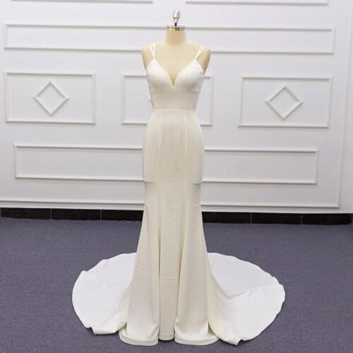 Fashion Boho Italy Crepe Wedding Dress 2021 High Quality V-neck Sweep Train Two Speghatti Straps Bridal Gowns Buttons SJ470