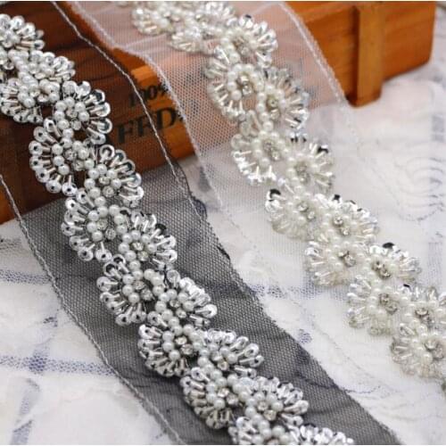 12Yard Pearl Rhinestone Beaded Lace Trim Vintage Mesh Fabric Paillette Sequin Chemical Lace Wedding Dress Dentelle Applique