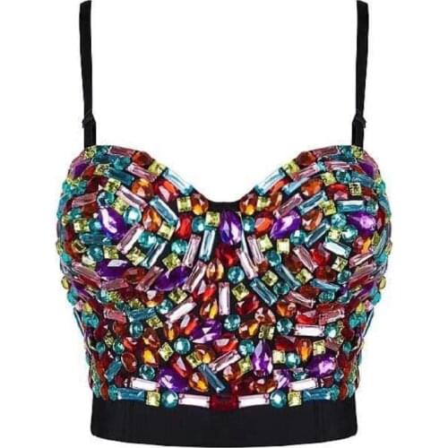 2020 Candy color Hand-made Beaded Rhinestone Bustier Pearls Push Up Night Club Bralette Womens Bra Cropped Top Vest Plus Size