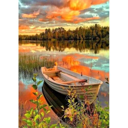 5D Diamond Painting DIY Square Round Diamond Lakeside Boat Picture Cross Stitch Set Mosaic Home Decoration Crafts Gift WG2368
