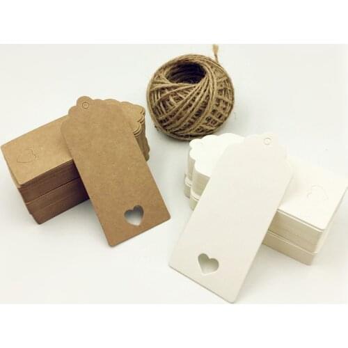 100pcs White Brown Hollow Heart Paper Hang Tags DIY scallop Label Wedding Gift Decorating Tag Luggage Note 15M Rope 9*4cm