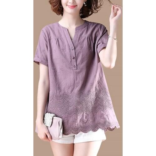 Summer Casual Women 2019 4xl Loose Short Sleeve Embroidery Cotton Blouse Top Shirt , Woman V Neck Purple Ruffle tops And Blouses