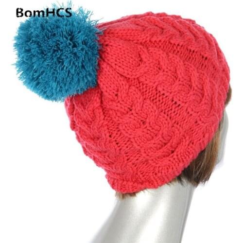 BomHCS Knitting Winter Hand Made Hat Selection Pom Pom Basic Beanie (contrast color style)
