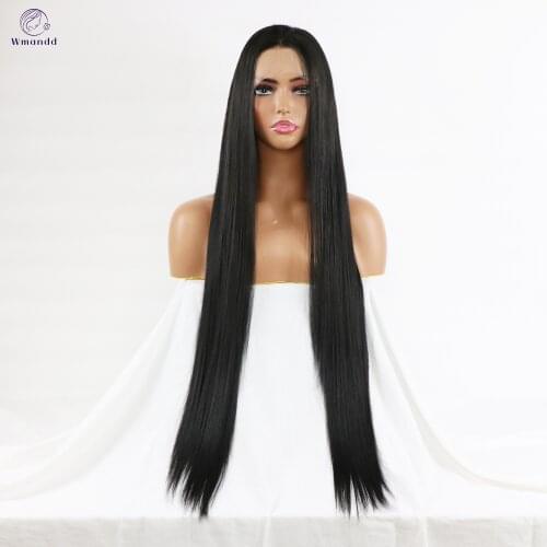 Wmandd 30 Inches Long Straight Natural Black Synthetic Lace Front Wigs Free Part Hair Wigs Daily Cosplay High Temperture Fiber