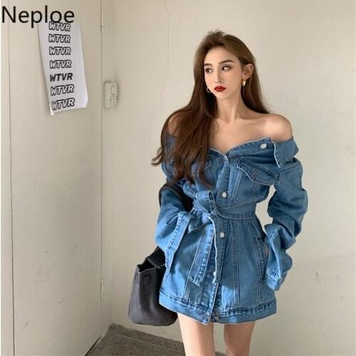 Neploe Jackets for Women Sexy Off Shoulder Slim Waist Denim Jacket 2021 Korean Fashion Casual Tops Vintage Casual Coat Woman