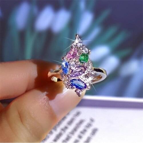 Sweet Cute Unique Sparkling Luxury Jewelry 925 Silver Multi Color 5A Cubic Zircon CZ Diamond Promise Women Wedding Flower Ring
