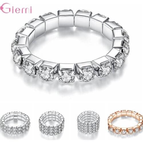 Fashion Channel Setting Party Classic Jewelry Silver Elastic Zircon Multi Row Full Rhinestone Crystal Stretch Rings For Women