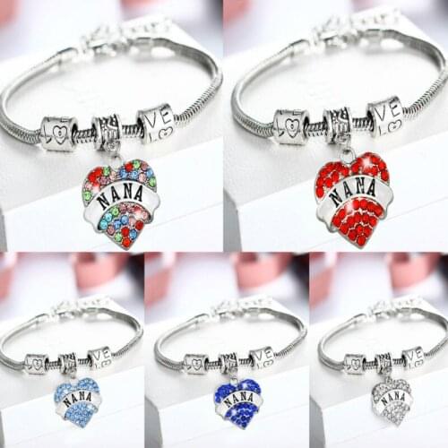 Fashion Shiny NANA Crystal Heart Bracelet Grandma Charm Gift Pendant Bangle Bracelets Snake Chain Grandmother Women Lady jewelry