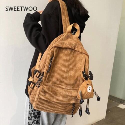 Fashion Women Corduroy Backpack Pure Color Stripe Harajuku School Bag Teenage Luxury Girl Backpack Female Cute Bagkpack