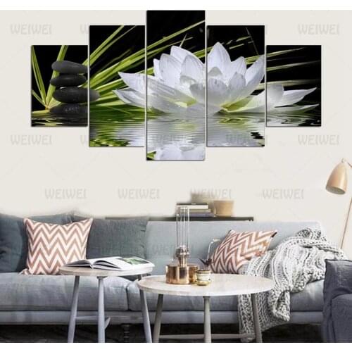 Modern Home Wall Art Decoration Frame Modular Pictures 5 Pieces White Lotus Flower Water Cobblestone Hd Printed Canvas Paintings