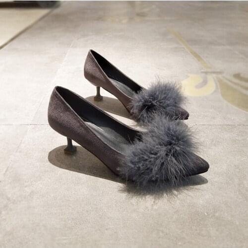 Autumn and Winter Hairy High-heeled Shoes Womens Shallow Mouth Stiletto Pointed Toe Single Shoes Suede Cat Heel Mid-heel Shoes