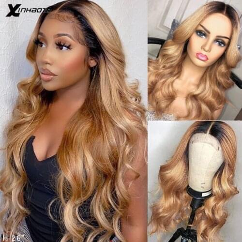 1B/27 Ombre Color Honey Blonde Lace Closure Wig Brazilian Body Wave Remy 13x4 V Part Lace Front Wigs Pre Plucked Bleached Knots