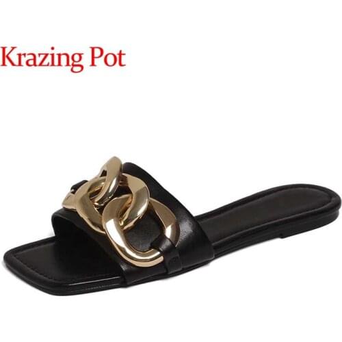 Krazing Pot summer genuine leather square toe low heels metal fasteners daily wear fashion beauty lady slip on women sandals L53