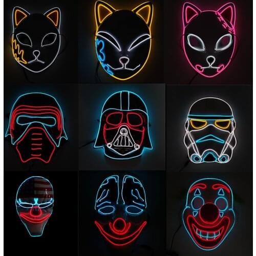 Glowing EL Wire Mask Cosplay American Cartoon Samurai Scary Joker LED Mask For Halloween Party Decoration