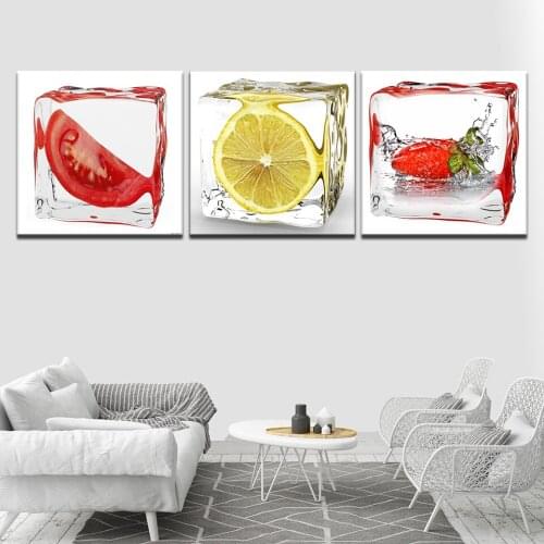Tomato Lemon Strawberry in rice Abstract painting modern Modular 3 panel wall Poster Nordic Canvas painting Home Decor
