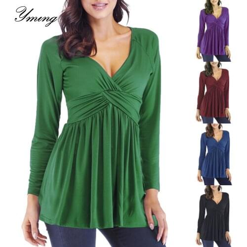 YMING Womens Autumn And Winter Pleated Loose Long-Sleeved T-shirt Fashion Solid Color Shirt Womens V-neck T-shirt