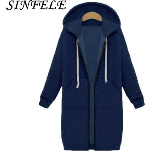SINFEEL 5XL Women Causal Long Coat Autumn Winter Sweatshirt Female Zipper Thick Hooded Outwear Jacket Casaco Feminino plus size