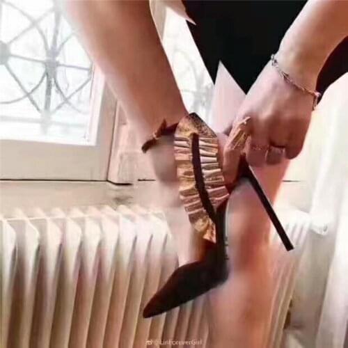 Slingbacks ruffles women shoes pointed toe 12cm high heels ankle strap summer shoes for women pumps LX006 CHENSIR9