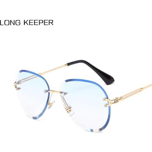 LongKeeper Fashion Blue Rimless Sunglasses Women Brand Designer Metal Farme Gradient Lens Sun Glasses Oculos De Sol Feminino