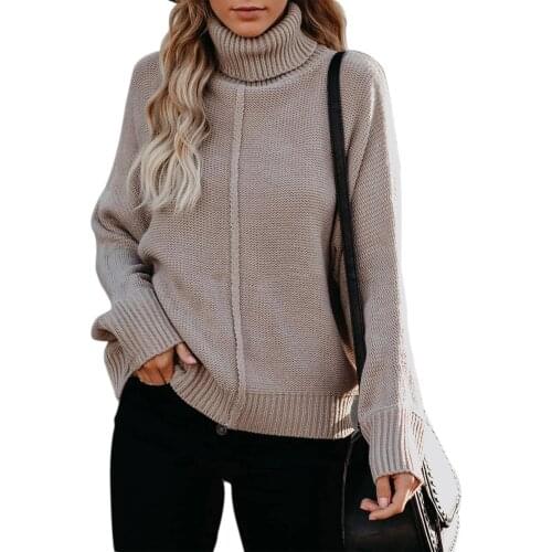 Womens Casual Long-sleeved Loose Sweater Fashion Solid Color High Collar Knitwear