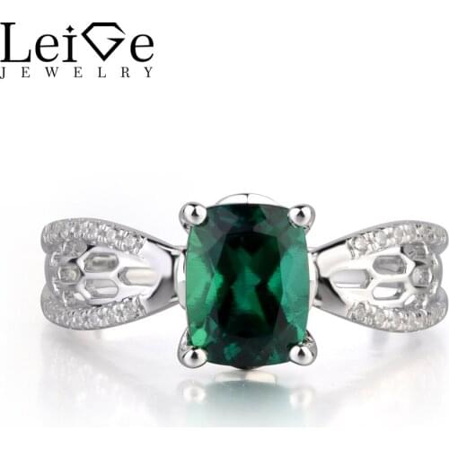 LeiGe Jewelry Lab Emerald Fine Jewelry Cushion Shape Wedding Hollow Rings Classic Gifts For Woman May Birthstone 925 Silver