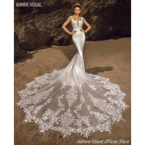 Newest Wedding Dress Mermaid Lace Square Collar Neckline Open-Back Chapel Train Plus Size Bride Gown 2021 Vestidos De Novia