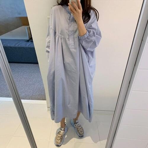 FairyNatural Spring New Korean Ladies Loose Shirt Dresses 2021 Solid Color O-neck Women Pockets Casual Dress Wrist Sleeve