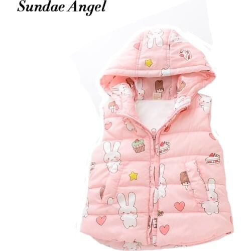 Sundae Angel Vest for girls Hooded Thicked Velvet Waistcoats Warm Girl vests Outerwear Cots Print Rabbit Pattern Clothes 3-8Y