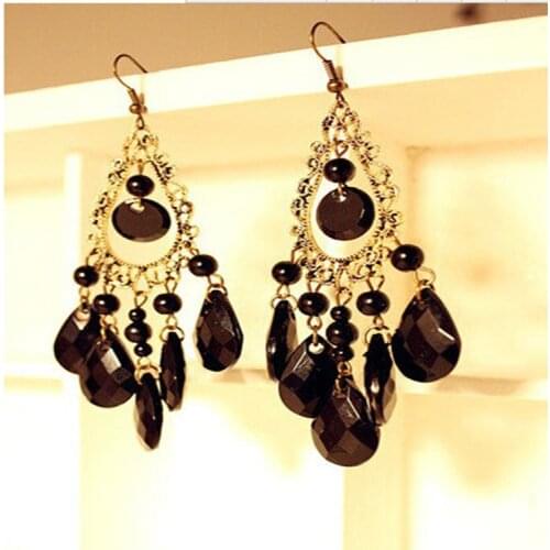 2016 Retro Fashion Hollow Tassel Earrings Boho Long Big Hanging Luxury Vintage Big Black Water Drop Earring With Stone For Women