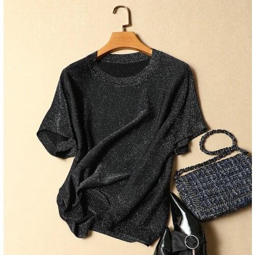 2020 Summer New Design Women Short-Sleeved T-Shirt Silver Silk Knitted T-Shirt Outwear Tops Tees