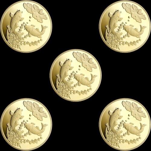 5pcs/lot New Commemorative Gold plated Coin China Koi Fish coins Lucky Souvenir Gift drop shipping