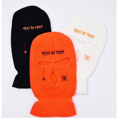 Trick Or Treat Letter Spider Embroidery Halloween Balaclava Spider Web Embroidery Keep Warm Autumn Winter Men Ski Cap Beanie