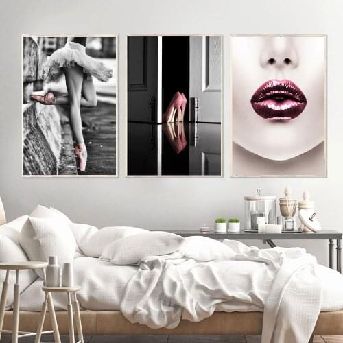 Ballerina Wall Art Canvas Painting Pictures Decoration Ballet Shoes Fashion Lips Posters and Prints Girl Lady Bedroom Home Decor