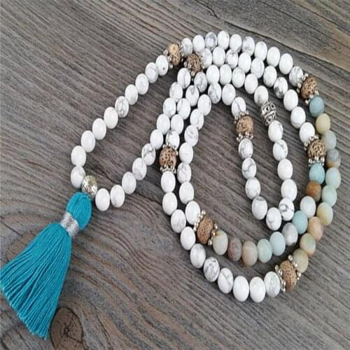 8mm Howlite Frosted Amazonite Gemstone Tassel Mala Bracelet Healing Lucky Wrist energy Bless Buddhism chain Handmade natural