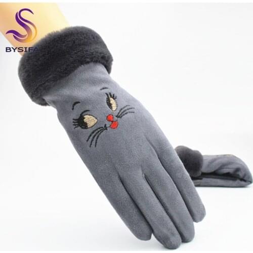 [BYSIFA] Fall Winter Women Grey Mittens Gloves New Cartoon Cat Design Suede Cute Gloves Plus Velvet Warm Thicken Ladies Gloves