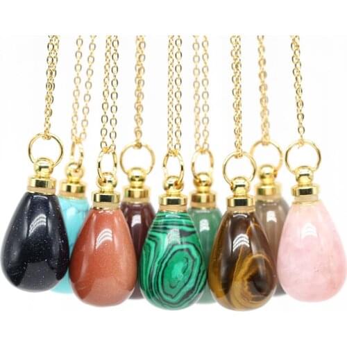 Perfume Bottle Necklace Round Drop Shape Natural Stone Rose Pink Quartz Essential Oil Bottle Diffuser Pendant Necklaces Jewelry