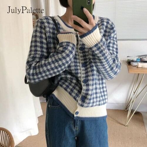 JulyPalette Vintage Plaid Women O-neck Knitted Cardigan Simple Single-breasted Full Sleeve Female Sweater Coats Chic Autumn 2021