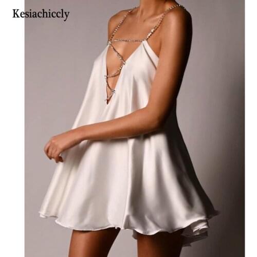 Kesiachiccly Satin V-Neck Spaghetti Strap Mini Party Dresses Women Diamonds Sexy Backless Skinny Robe Fashion Summer Elegant